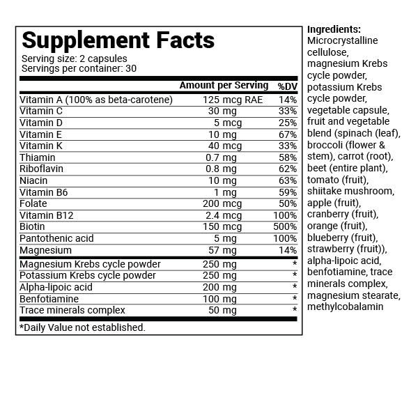 Close-up view of Whole Food Multivitamin supplement fact label.