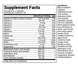 Close-up view of Whole Food Multivitamin supplement fact label.